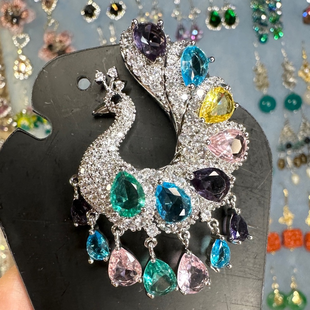 Giant Multicolor Peacock Earrings, Party Earrings 2×1.25 inches - Picture 2 of 5